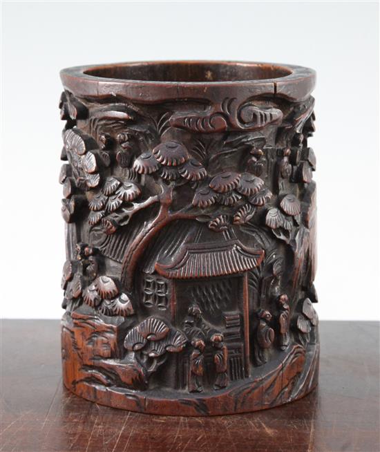 A Chinese bamboo brush pot, 18th / 19th century, height 15.8cm